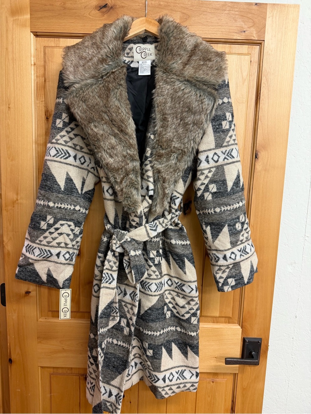 Women's Beige & Gray Aztec Wrap Coat with Faux Fur Collar